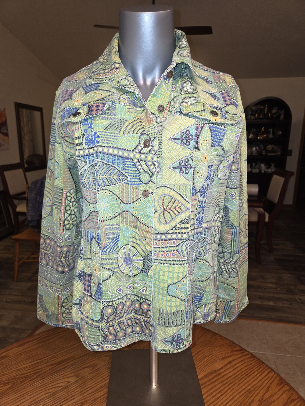 Chico's Light Green Patchwork-Print Button Down Shirt